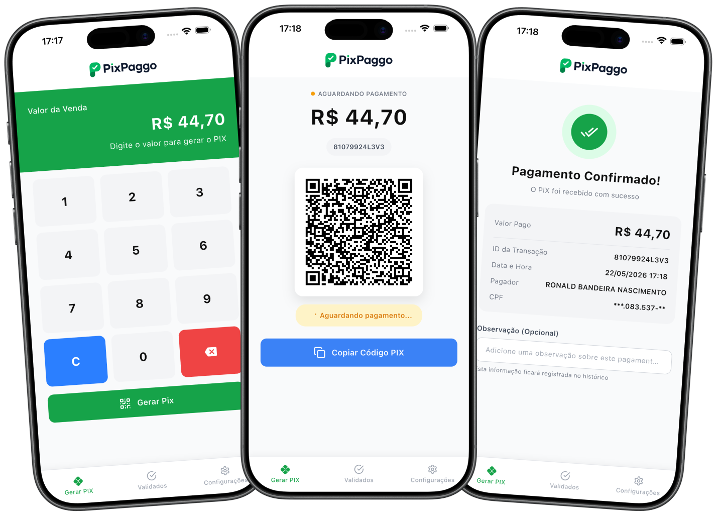 PixPaggo App - Telas de geração e confirmação de PIX